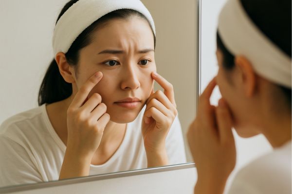 鏡を見て悩む女性