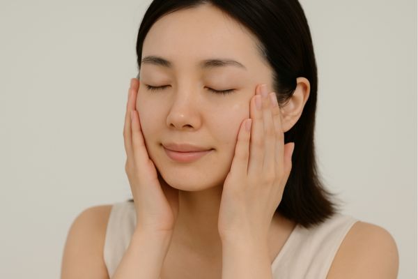 頬を両手で触る女性