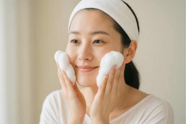 弾力泡洗顔する女性