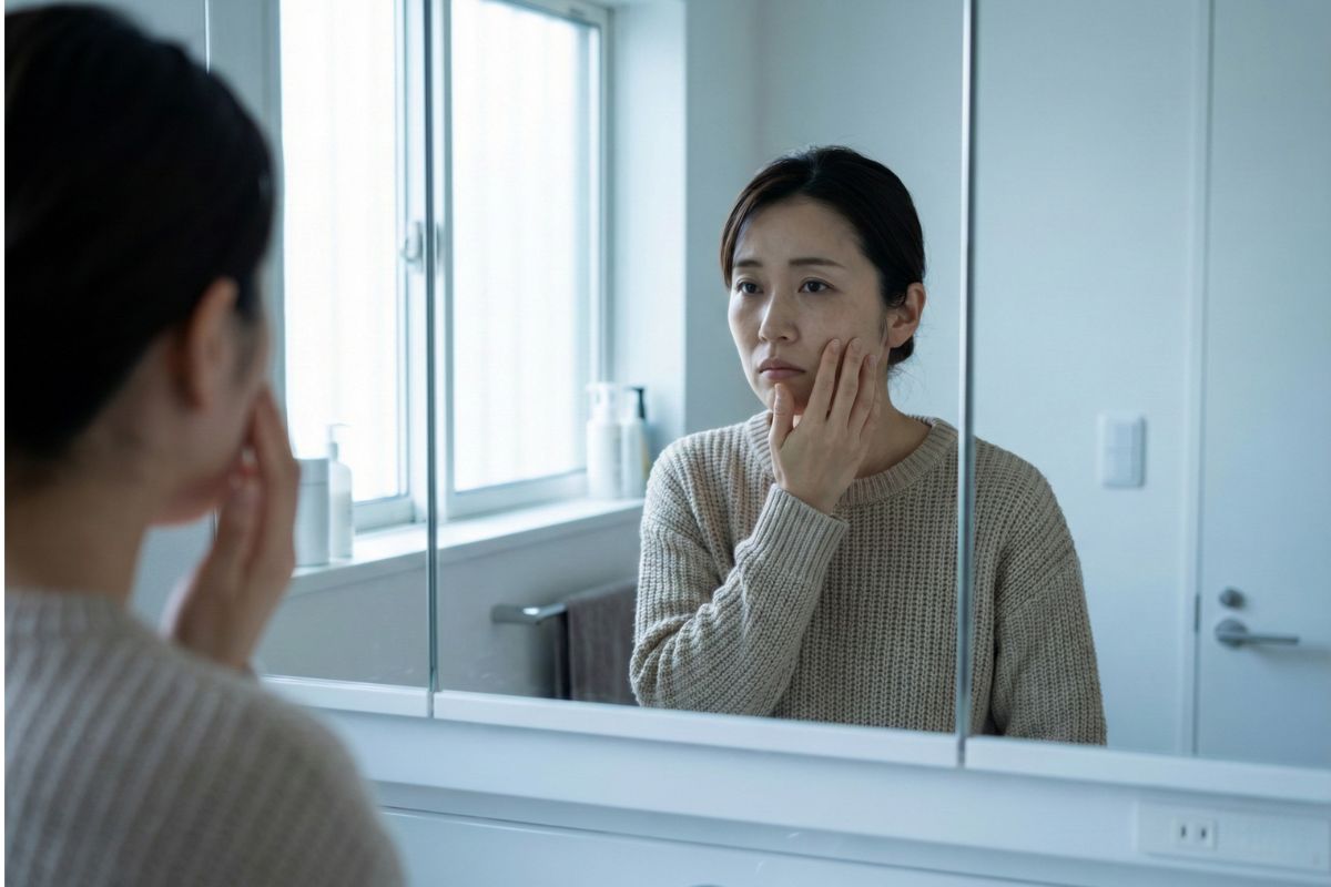 鏡の前で悩む女性