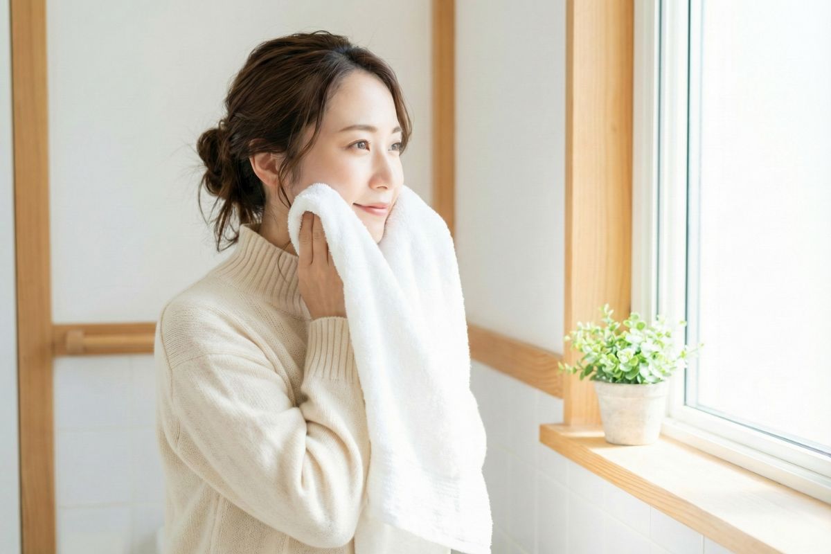 タオルで顔をふく女性