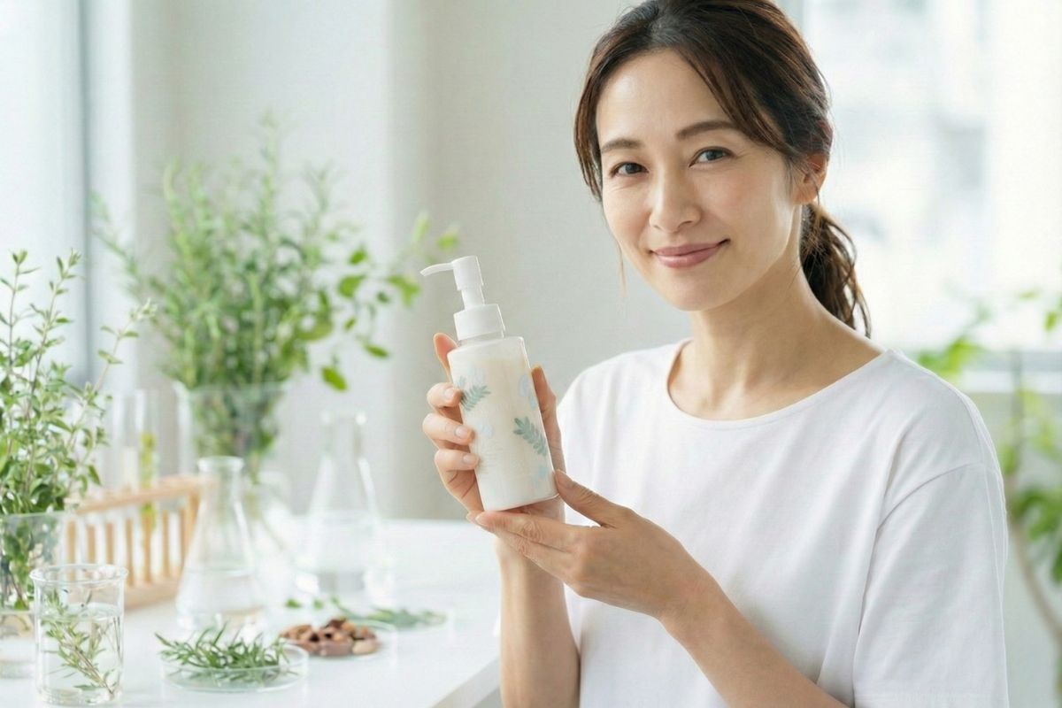 クレンジングミルクを持つ女性