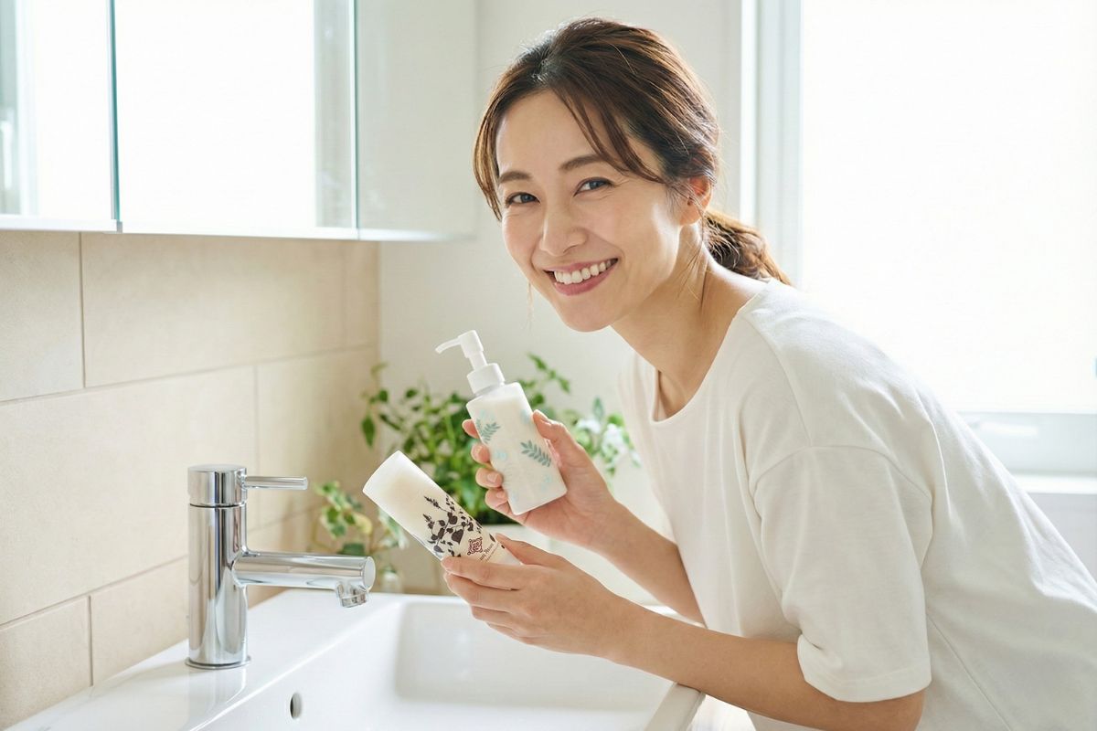 生せっけんとクレンジングミルクを持つ女性