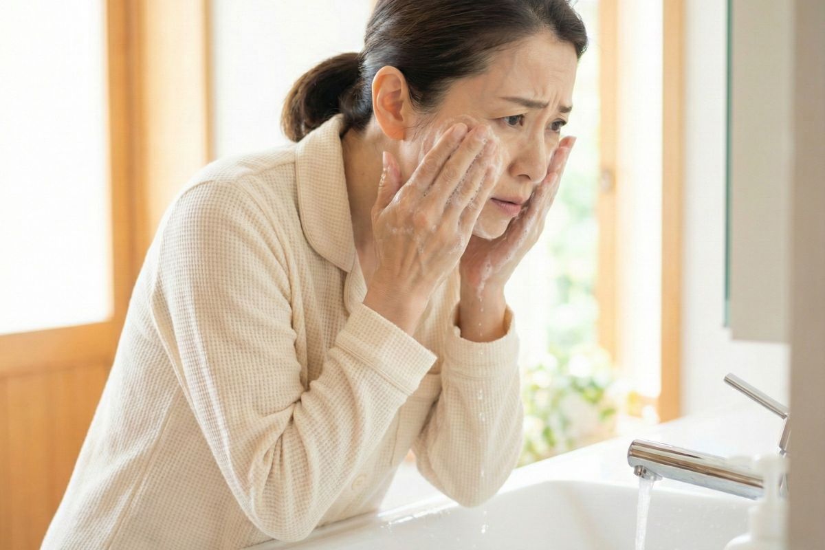 険しい顔で洗顔する女性