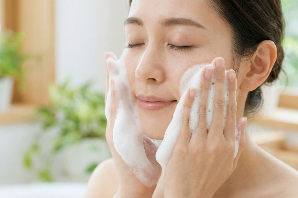 泡で洗顔する女性