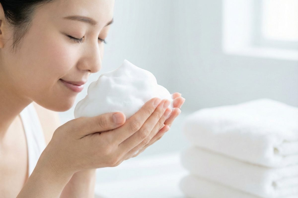 濃密泡で洗顔する女性