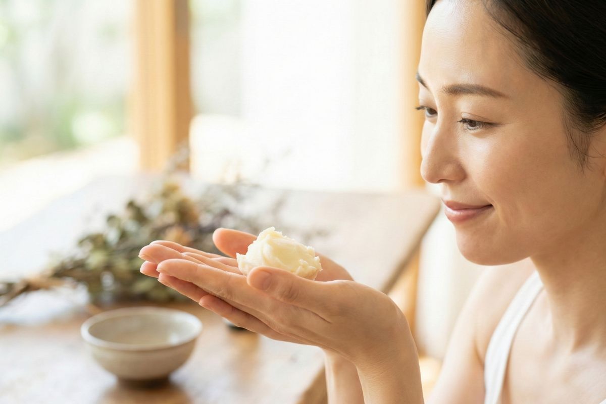 手の上の生せっけんを見る女性