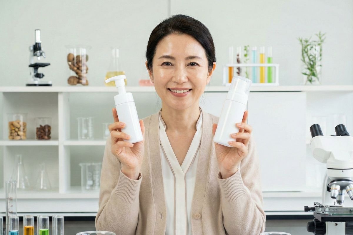 洗顔料を持つ女性