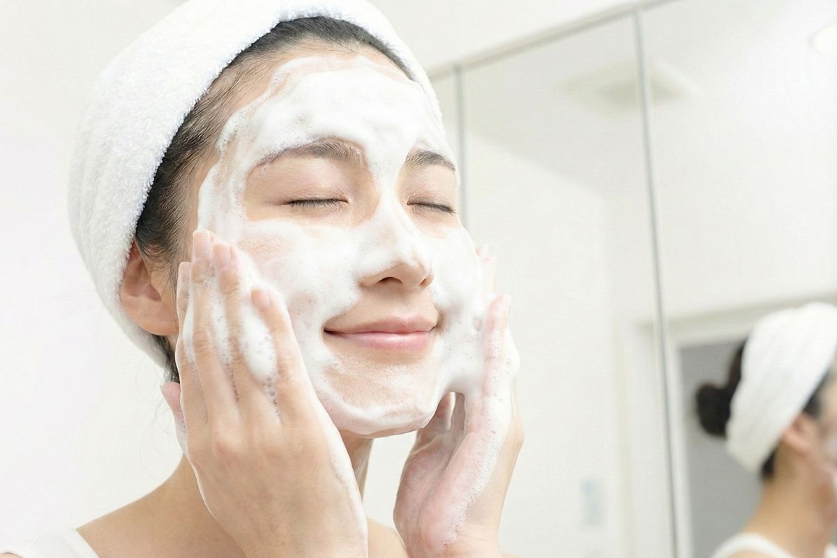 泡で洗顔する女性