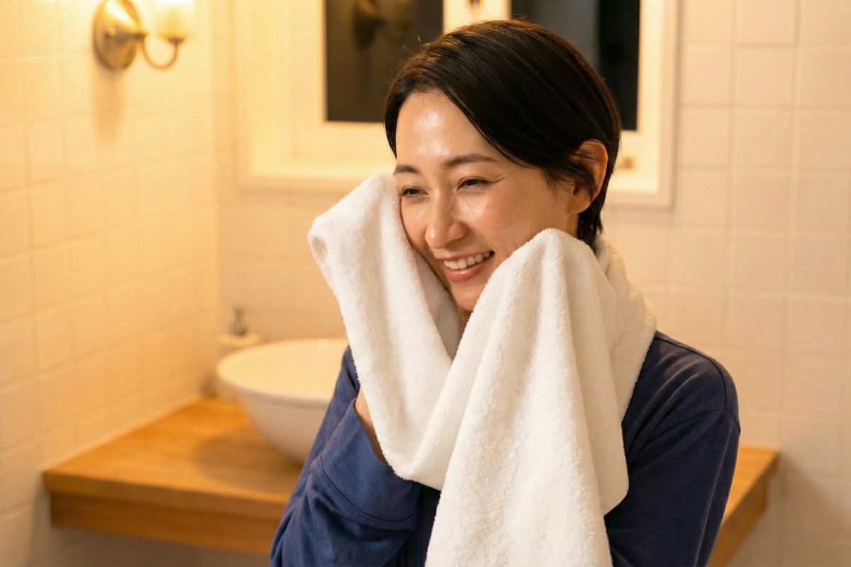 タオルで顔をふく女性