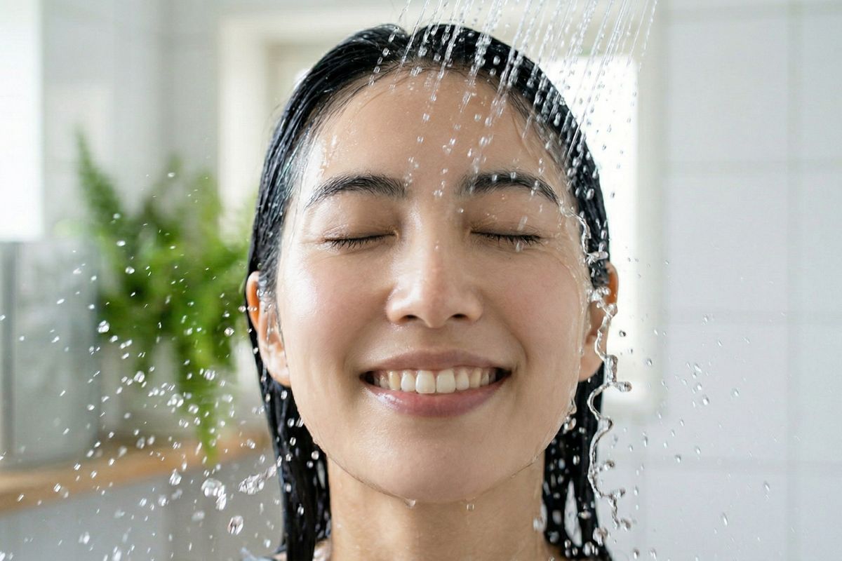 シャワーを顔に当てる女性