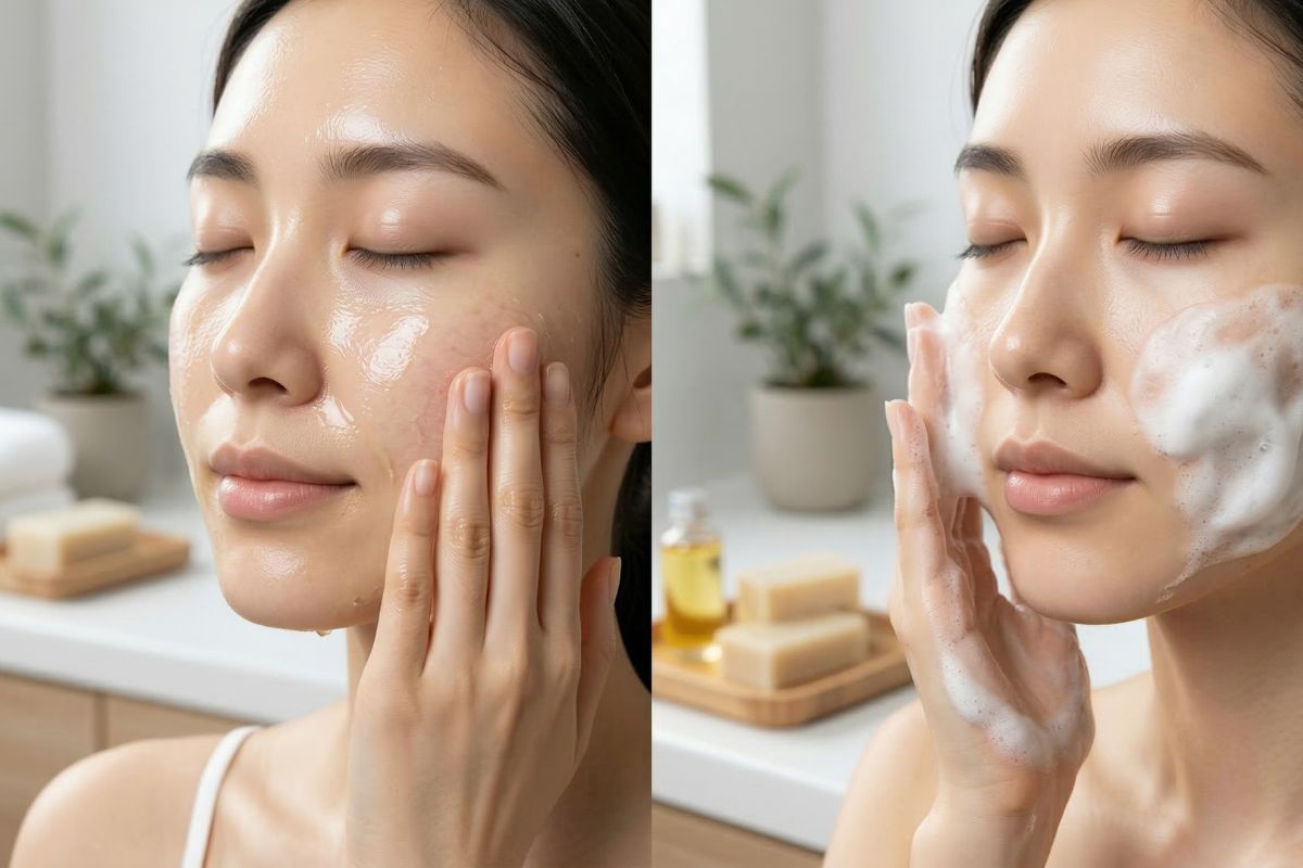クレンジングと洗顔する女性