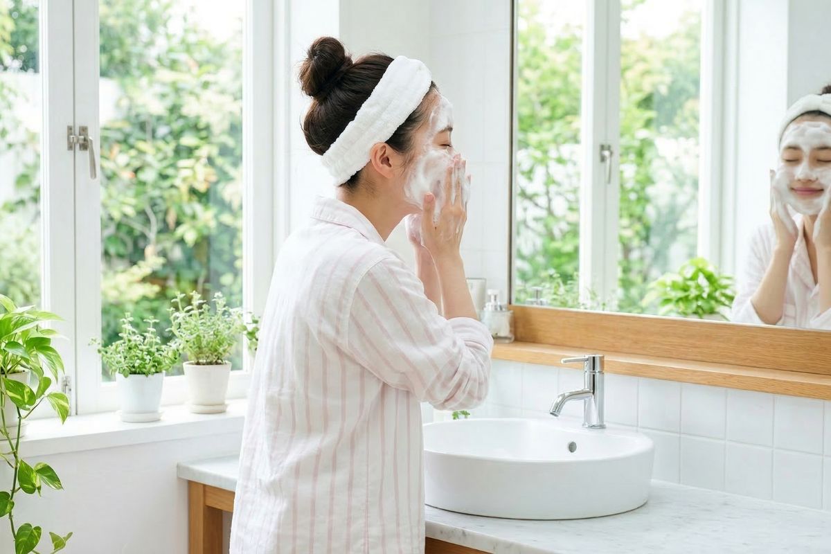 朝洗顔する女性
