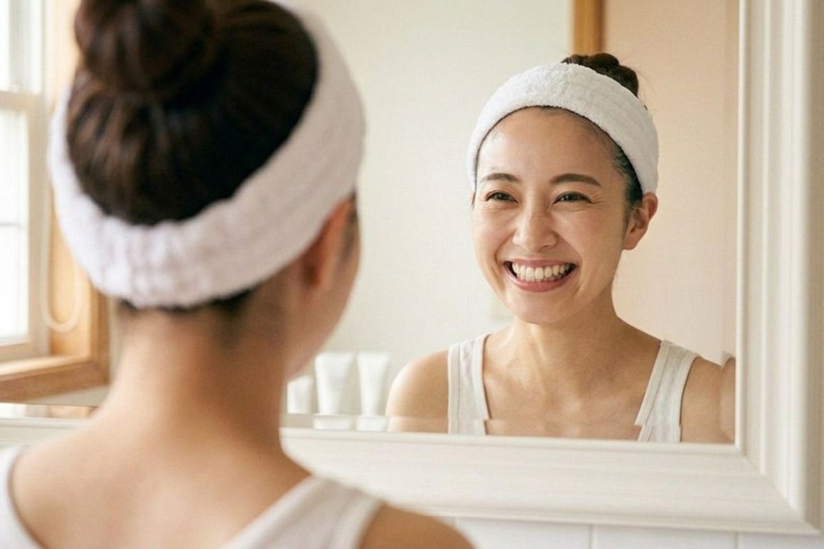鏡の前の笑顔の女性